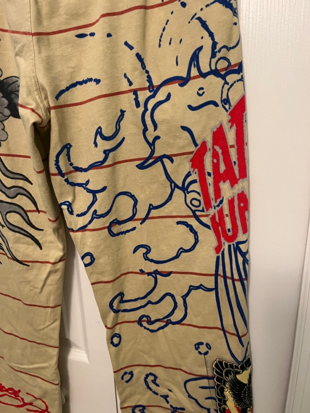 Ed Hardy Tan Sweatpants with Blue Koi & Gray Tiger Graphics medium - Picture 7 of 10